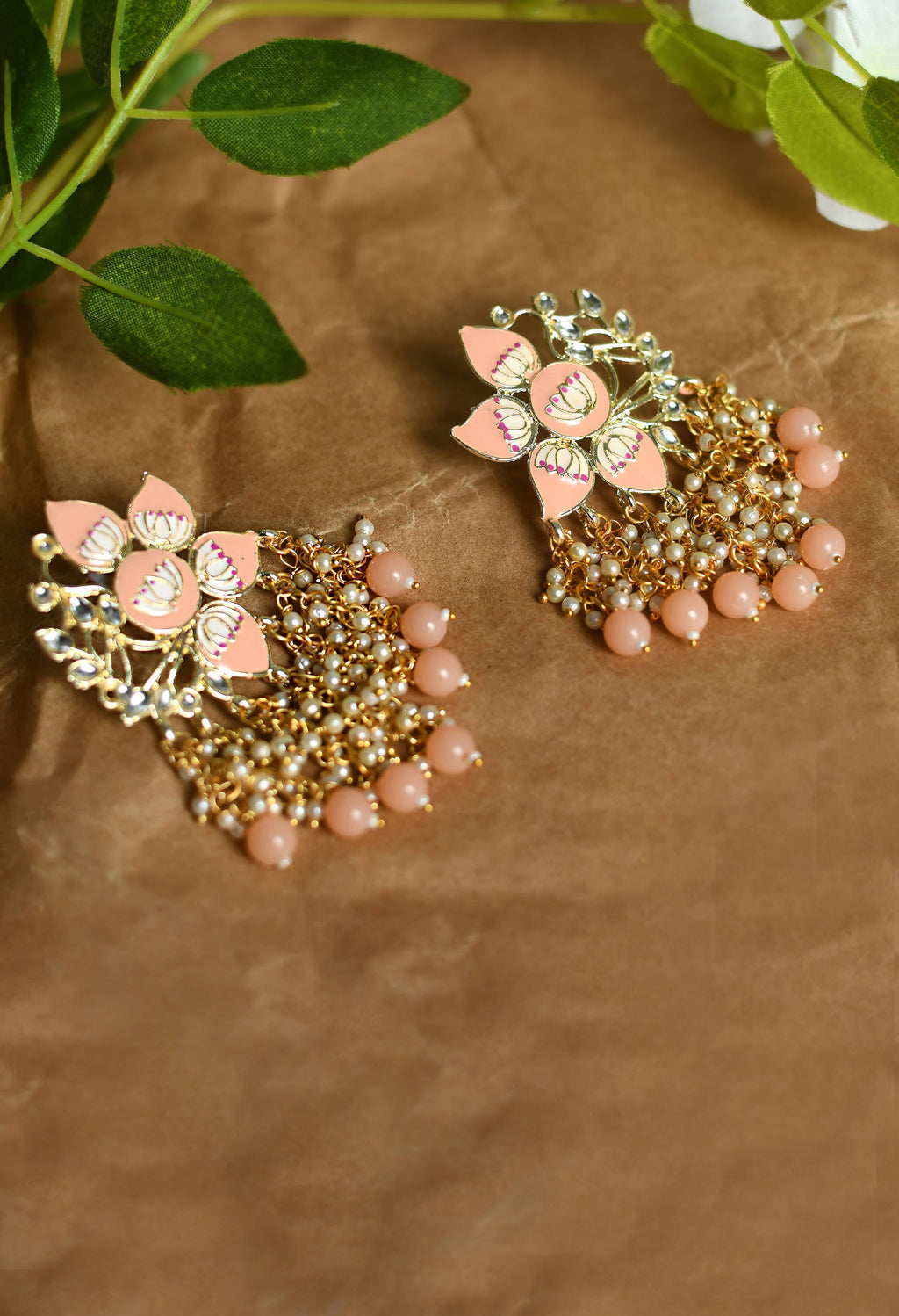 Peach Meenakari Kundan Earrings with Gold Polish Finish