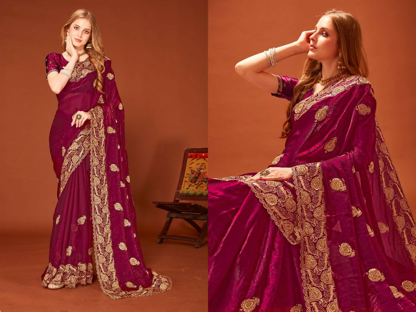 Wine Fendi Two Tone Silk Saree featuring heavy Zari embroidery and Zircon accents