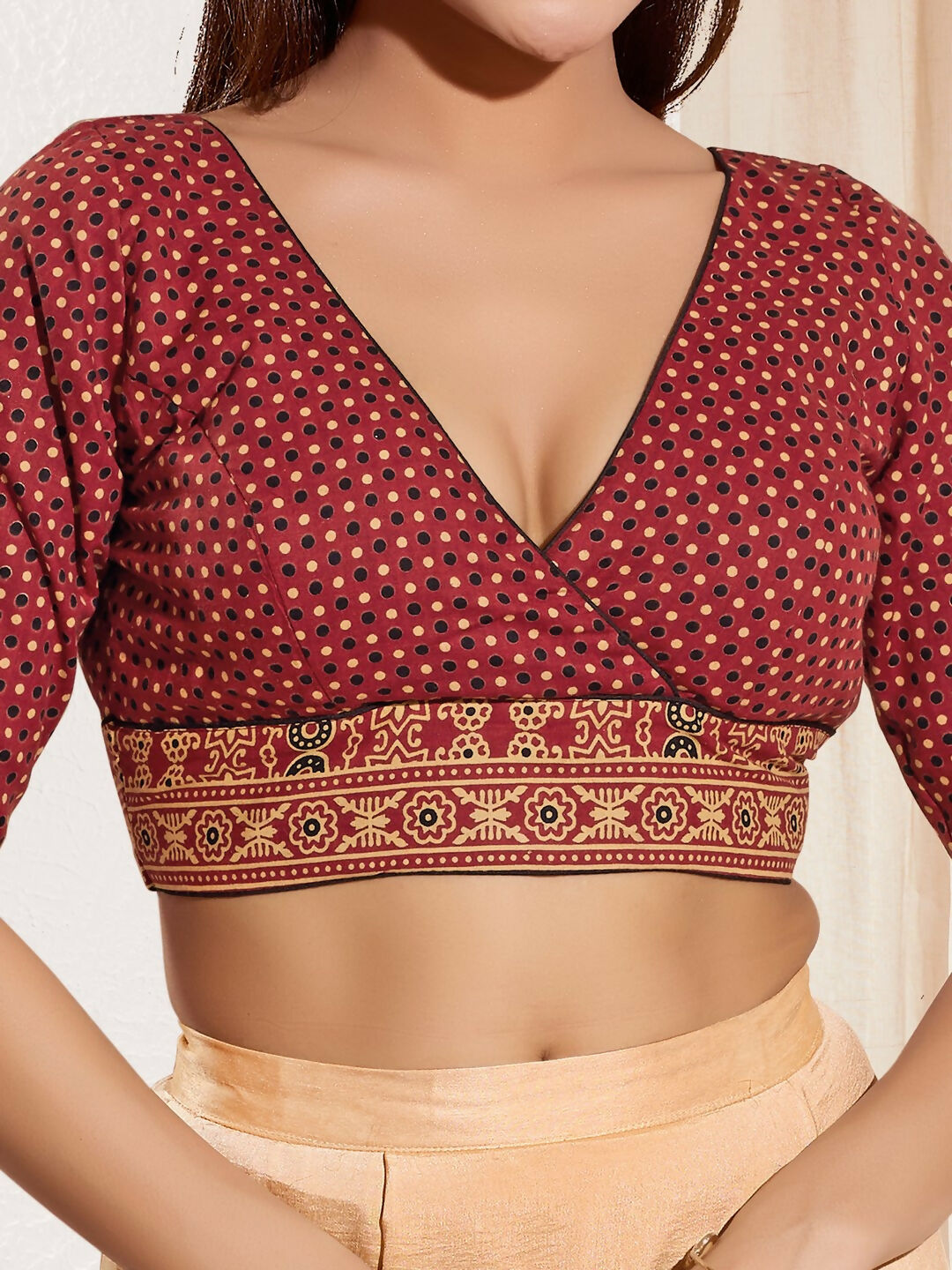 Joban Fashion Maroon Cotton Padded Blouse With V Neck Elbow Sleeves