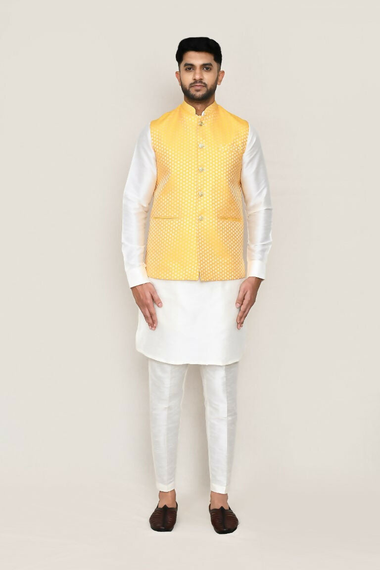 White Art Silk Kurta with Matching Jacket and Straight Fit Pant