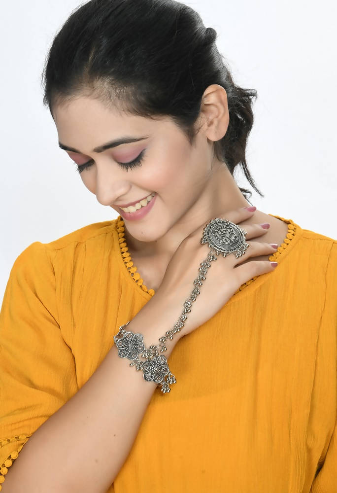 Oxidised Silver-Plated Floral Design Bracelet for Women