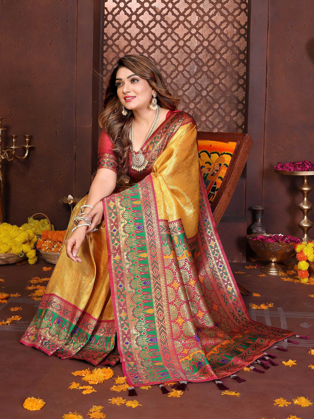 Gold Tissue Silk Weaving Saree with Maroon Blouse Piece