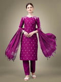 Women's purple cotton blend straight kurta with embroidery and sequence work paired with matching trousers and dupatta.