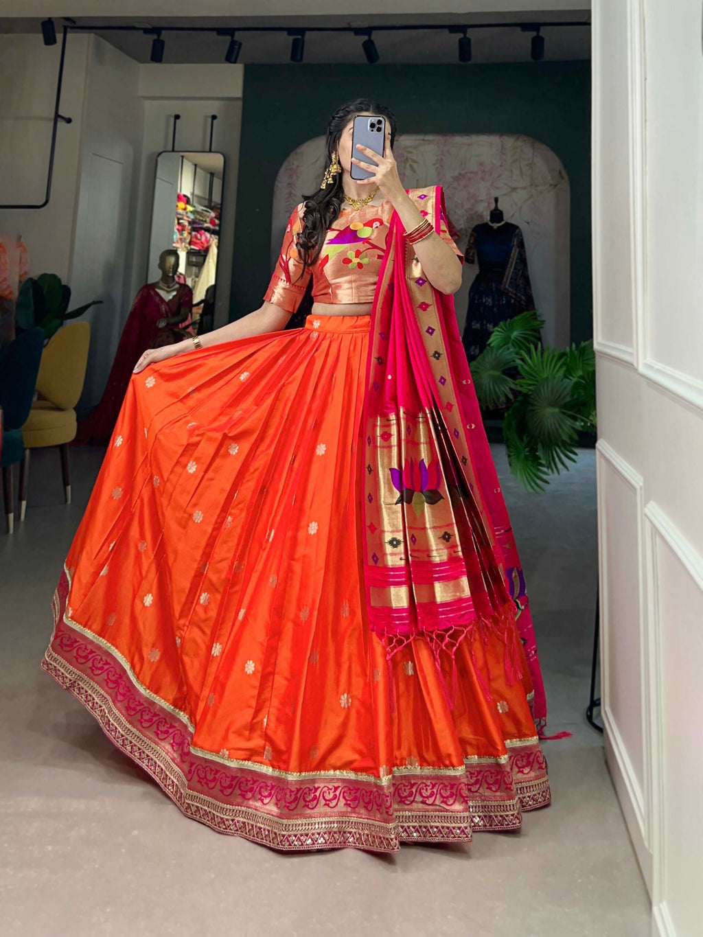Red Paithani Lehenga Choli in Jacquard Silk for Festive Wear