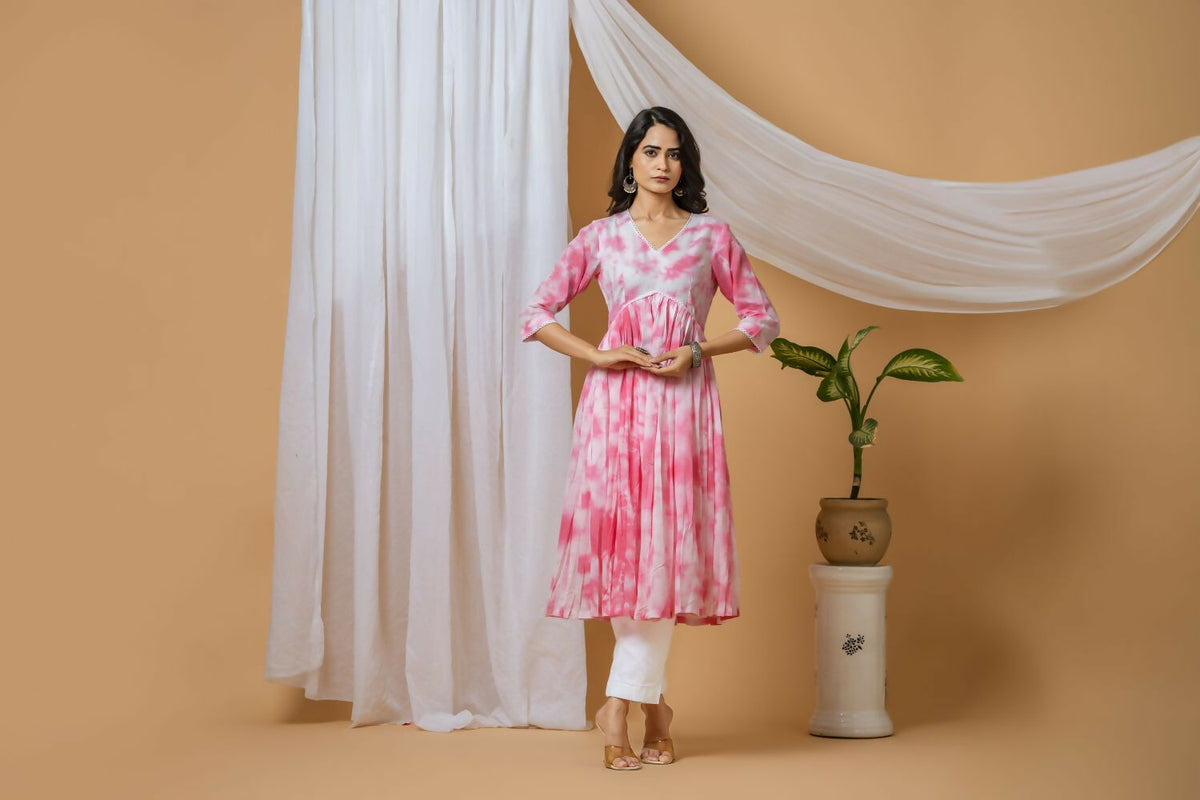 Pink Tie & Dye Cotton Kurta Pant Set for Women