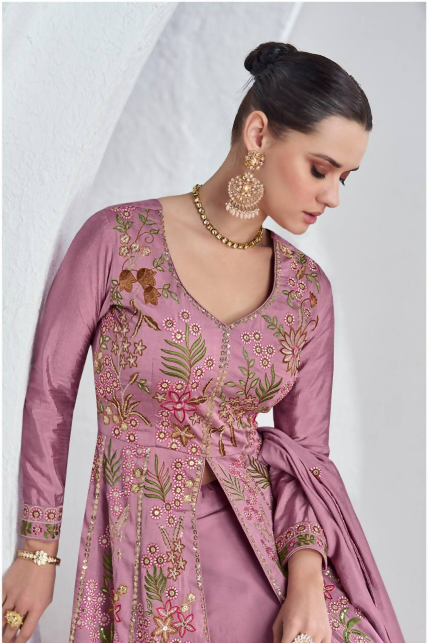 Pink Viscose Silk Embroidered Gown and Skirt Set Stitched