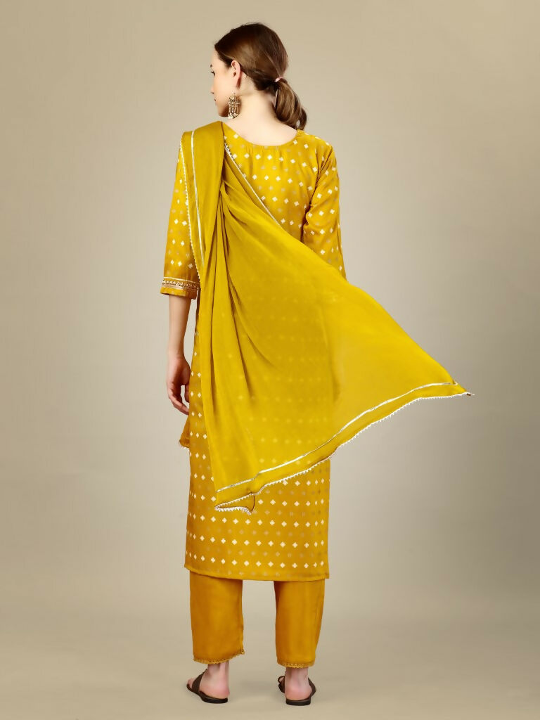 Golden Silk Blend Straight Kurta with Trouser and Dupatta Set