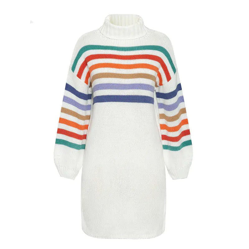 Women's High Neck Striped Knit Sweater Dress Long Sleeve White - Image 4