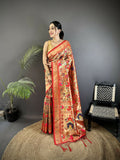 Crimson Red soft silk Paithani saree with intricate floral and leaf pattern