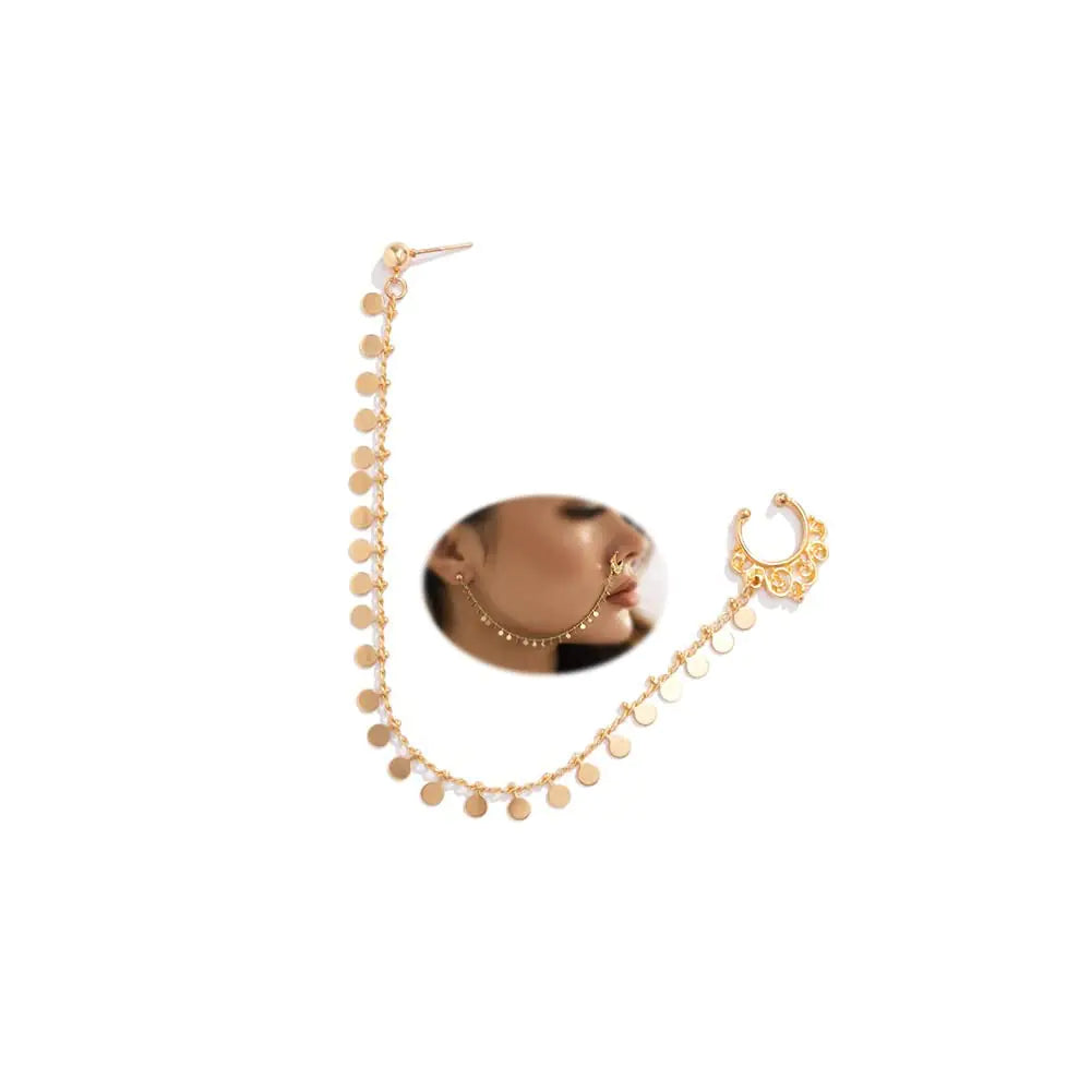 Kenjudess Punk Nose to Ear Chain Non Piercing Fake Septum Rings Indian Belly Dance Nose Nail Ring Hoops for Women Teens Girls (Gold disc)