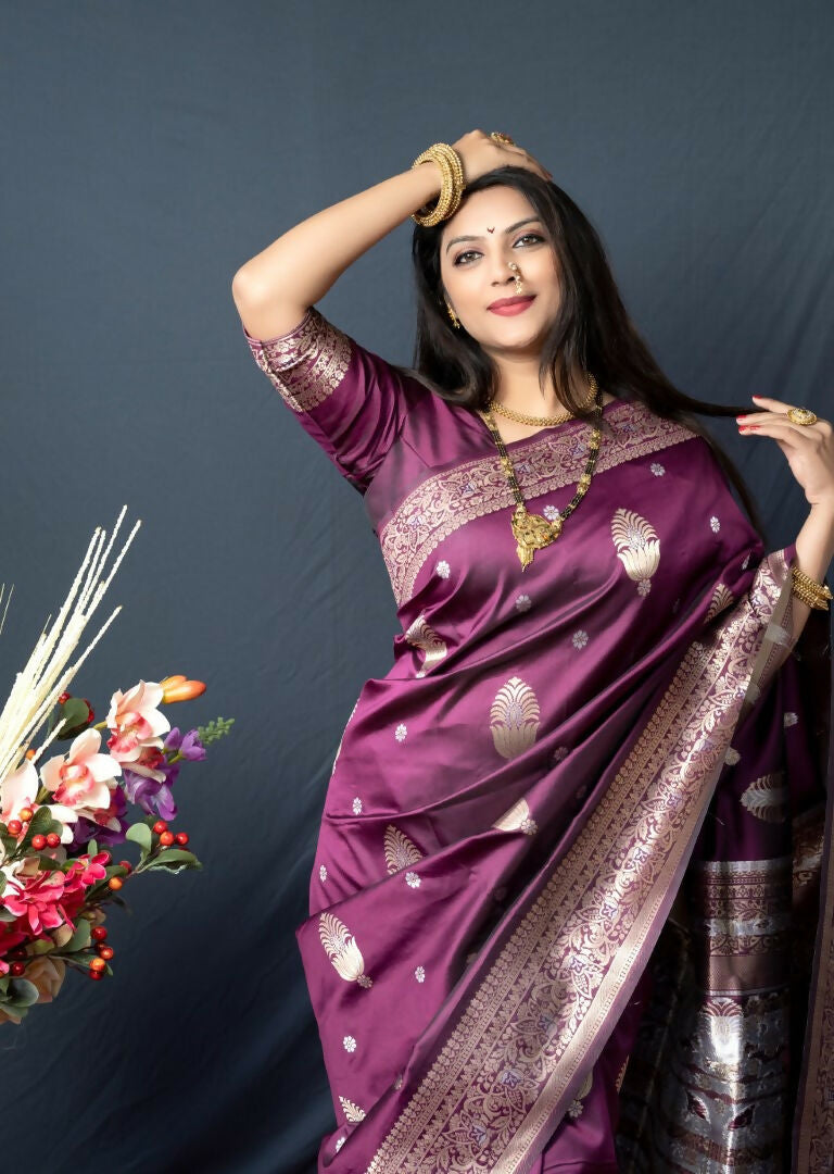 Wine Paithani Silk Saree with Zari Woven Border and Blouse