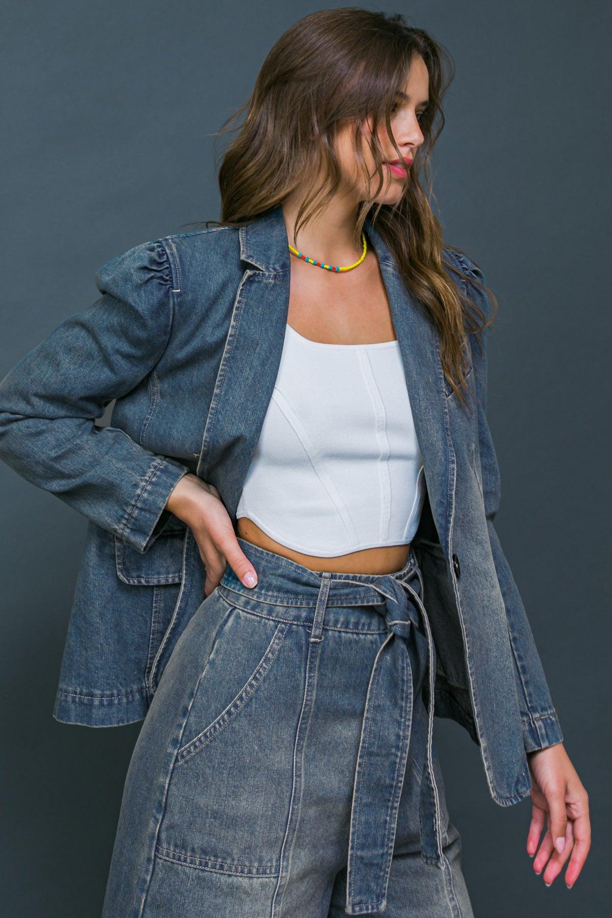Washed Denim Blazer with Puff Sleeve Detail - Image 4
