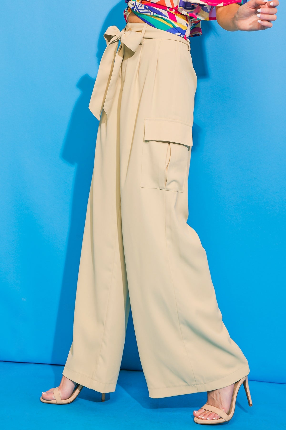 Beige High-Waisted Wide Leg Cargo Pants with Tie Sash Belt - Image 5