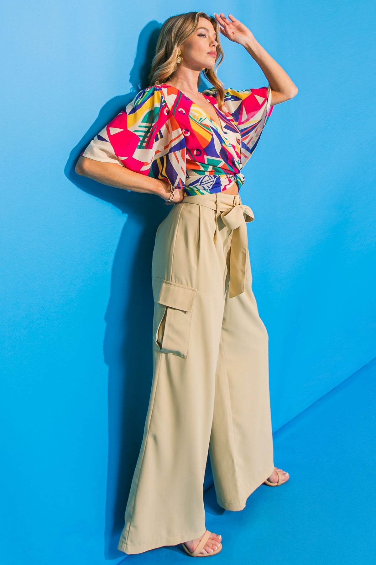 Beige High-Waisted Wide Leg Cargo Pants with Tie Sash Belt - Image 4