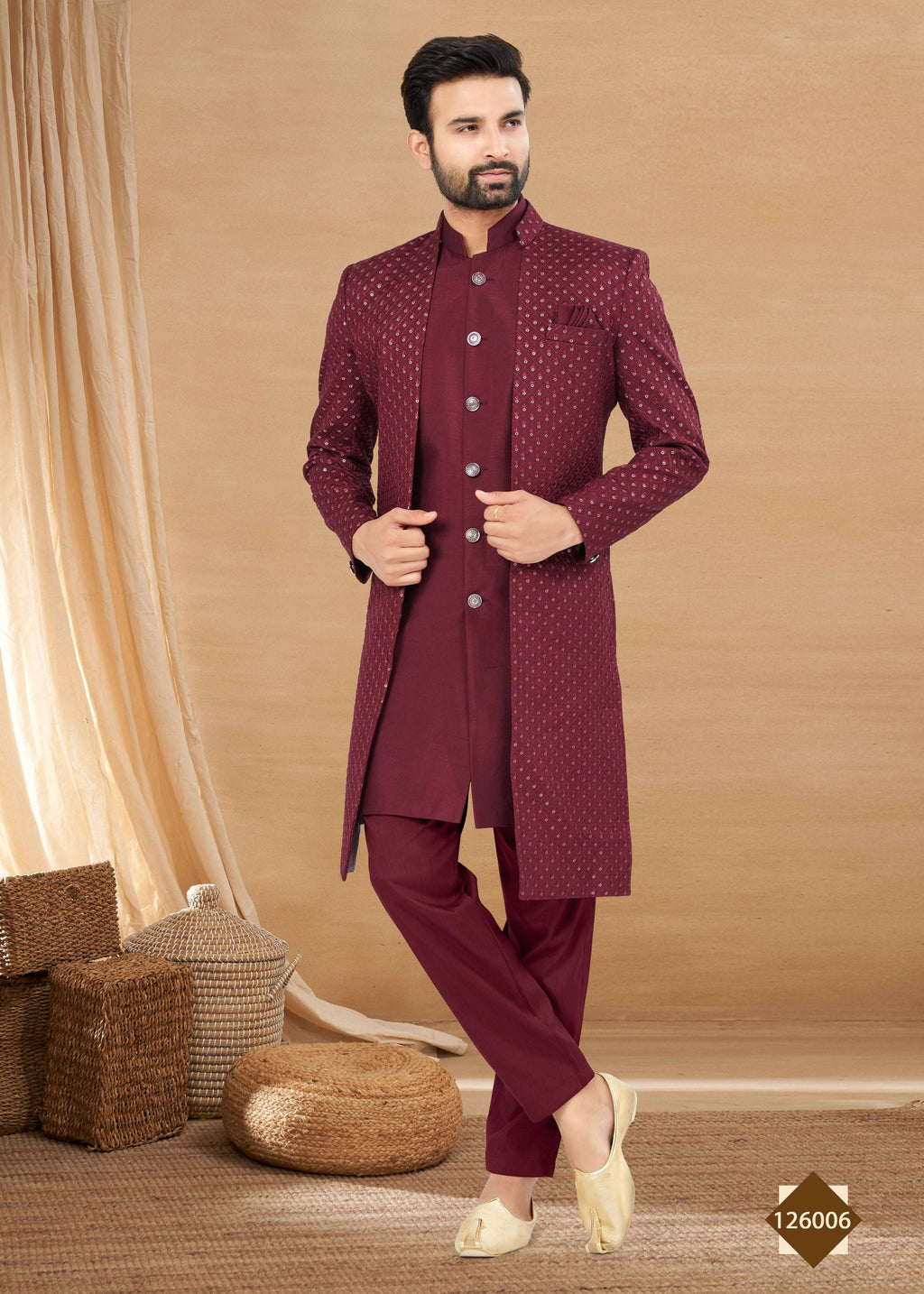 Men's maroon heavy art silk straight kurta, pyjama, and jacket set with Chinese collar