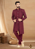 Men's maroon heavy art silk straight kurta, pyjama, and jacket set with Chinese collar