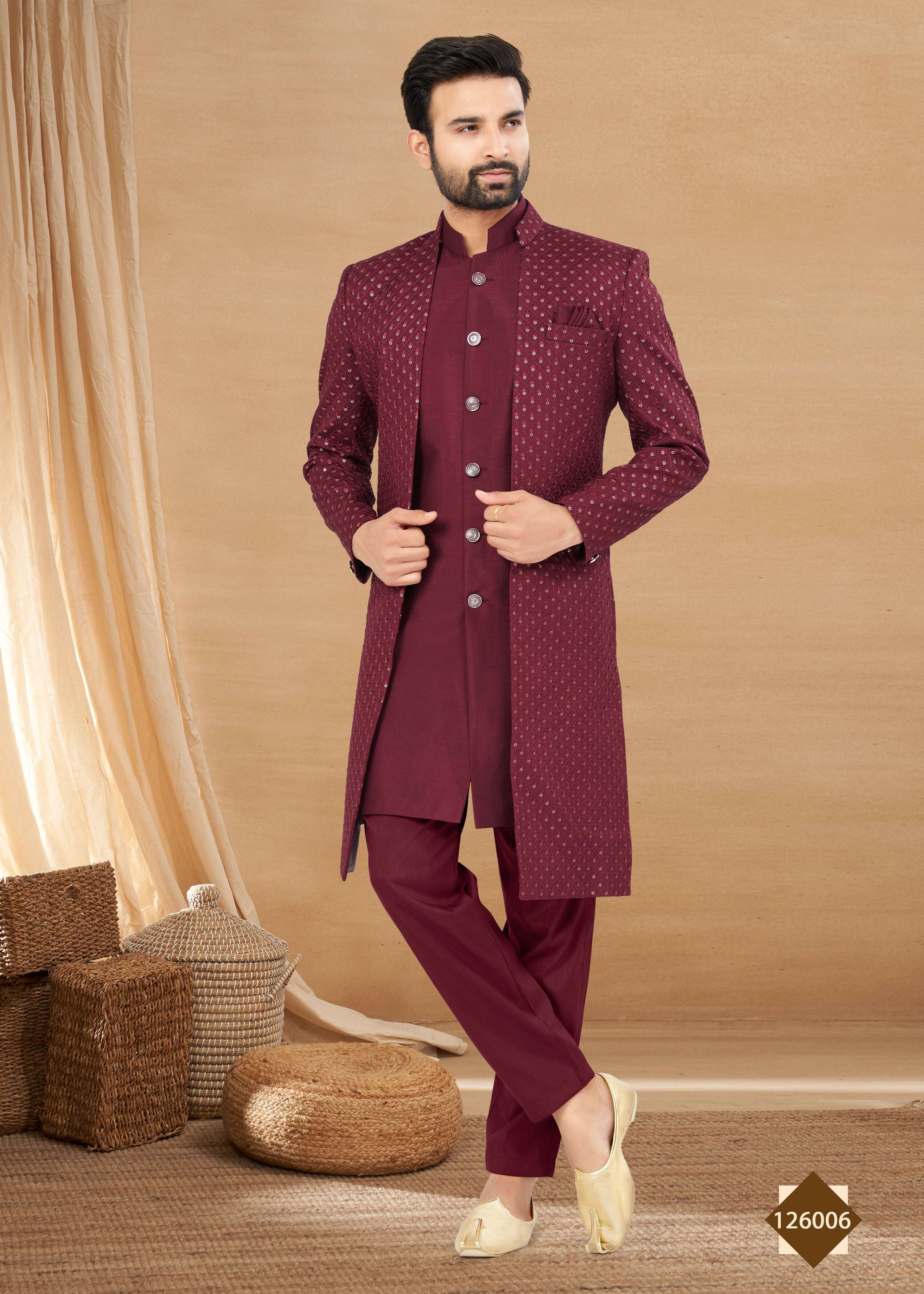 Men's maroon heavy art silk straight kurta, pyjama, and jacket set with Chinese collar