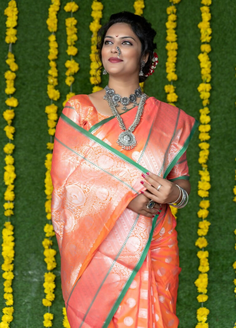 Peach Soft Handloom Silk Saree with Zari Woven Border & Blouse