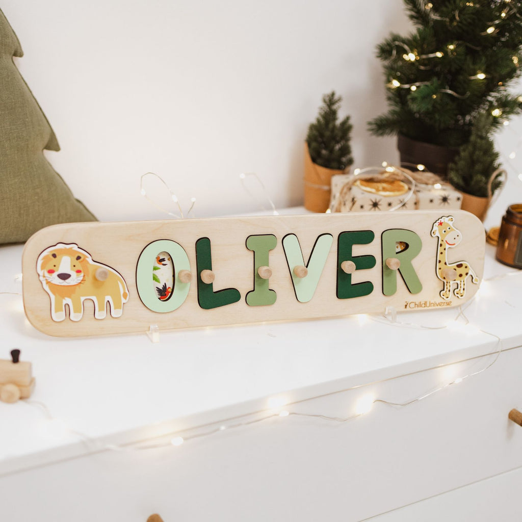 Personalized wooden safari animal name puzzle for toddlers on a white background
