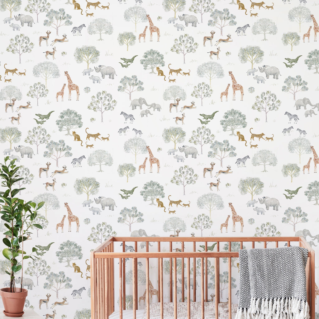 Patterson Removable Wallpaper in White, Sage-Green and Brown