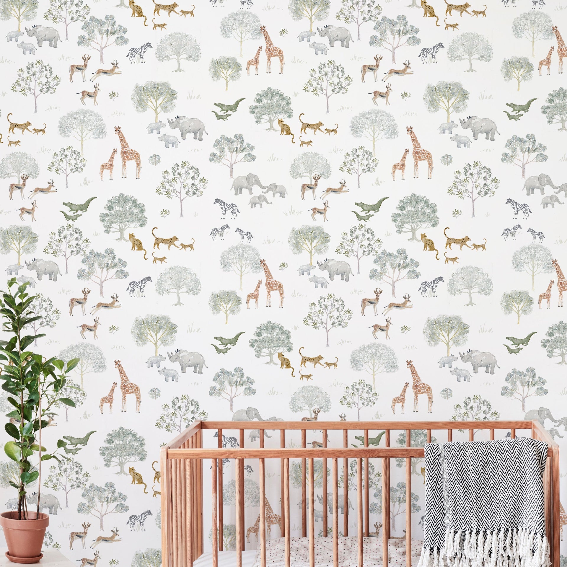 Patterson Removable Wallpaper in White, Sage-Green and Brown
