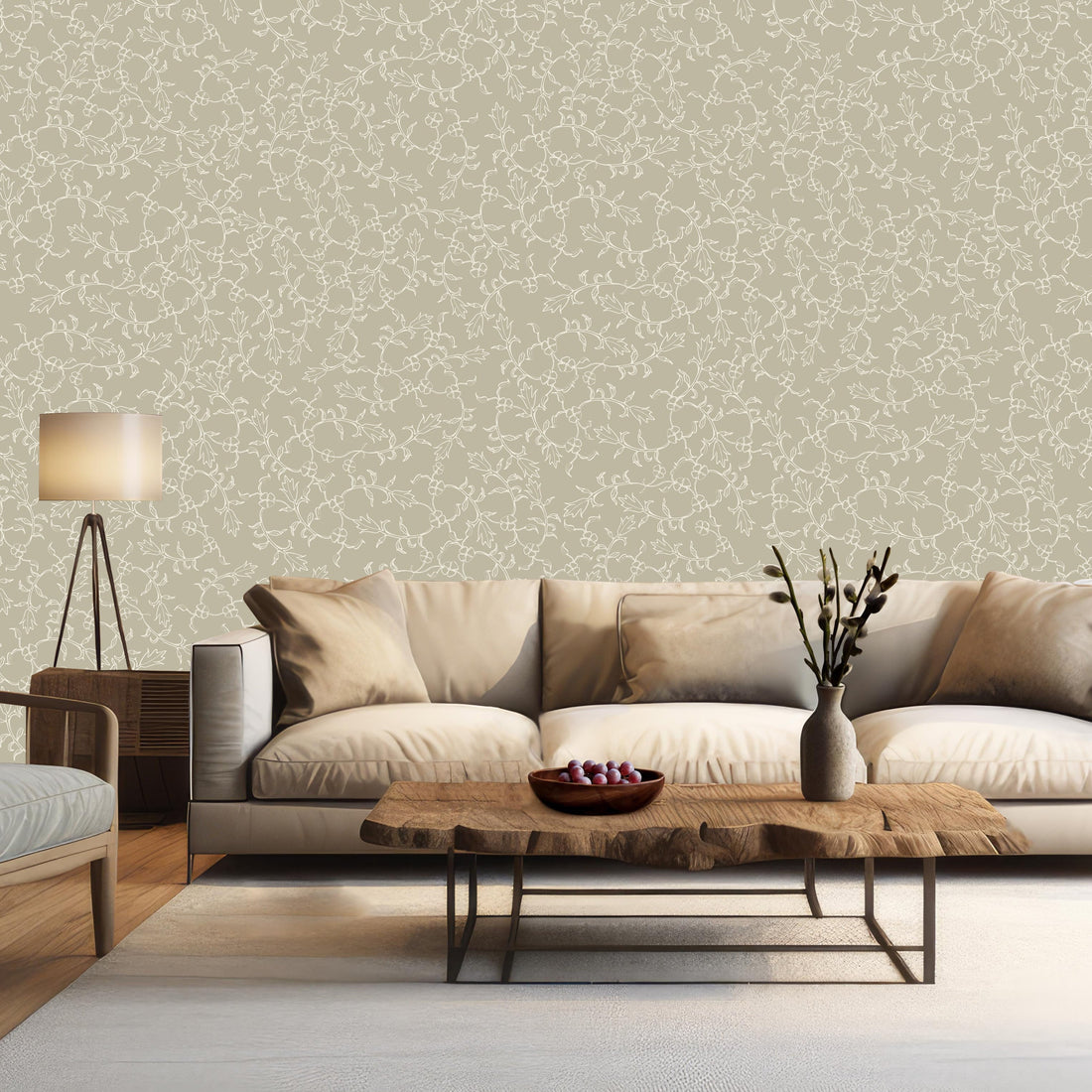 Maeva floral wallpaper in a minimalist space with beige, blue-gray, and off-white colors.