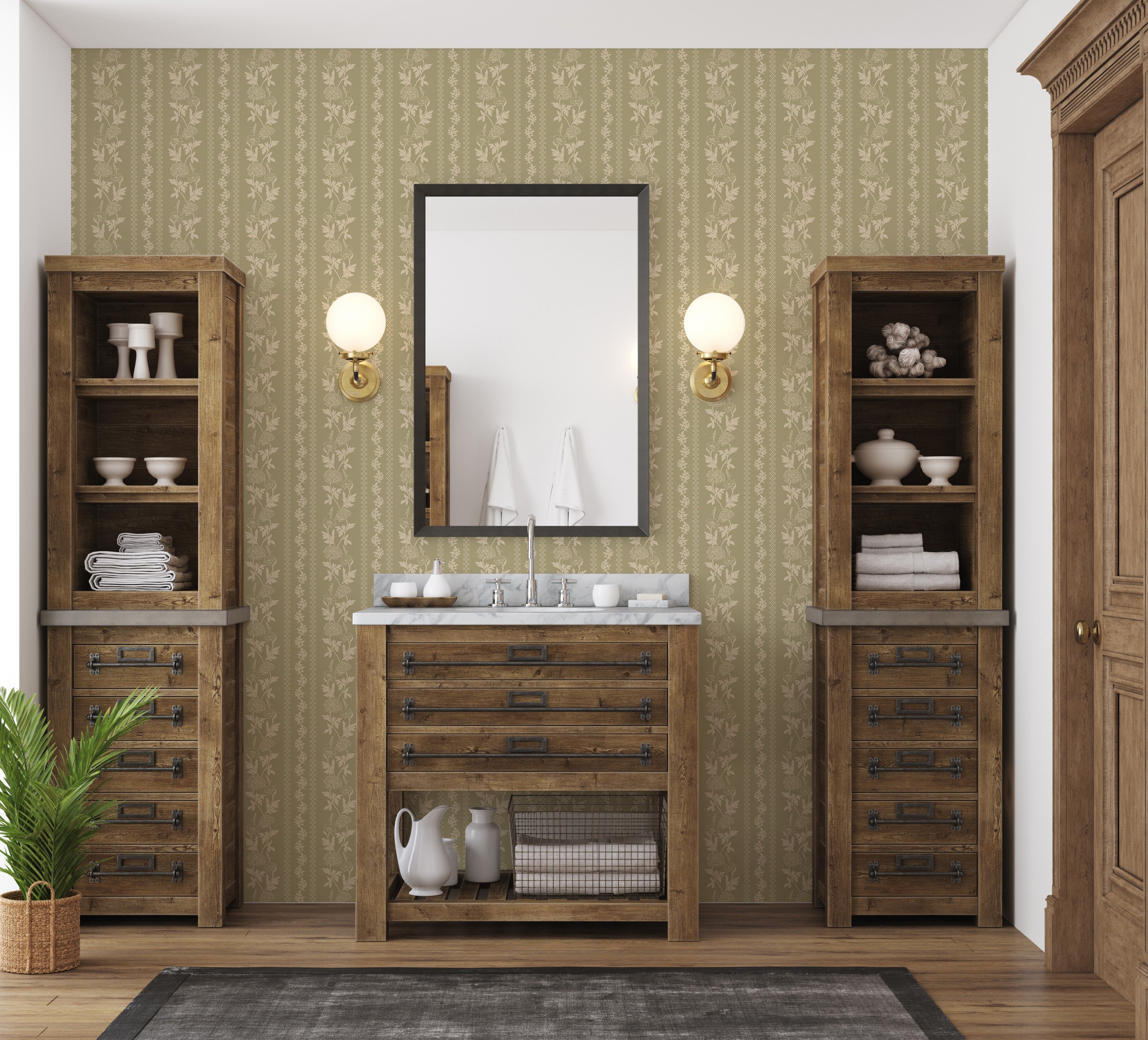 Marisol Floral Wallpaper in Green, Gold, Cream and Rose