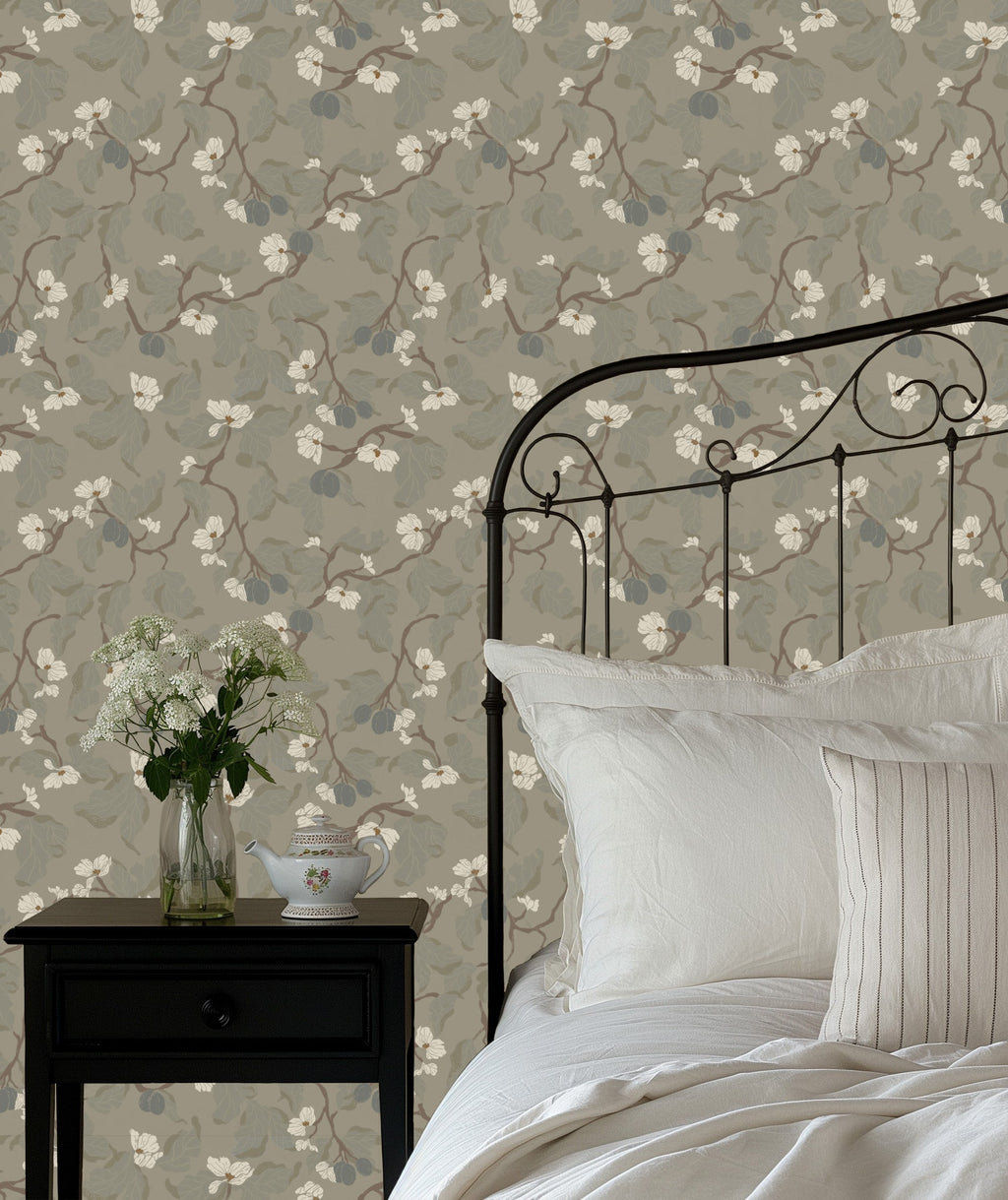 Rhodes Floral Wallpaper, Sage-Green and Brown Traditional Cottagecore
