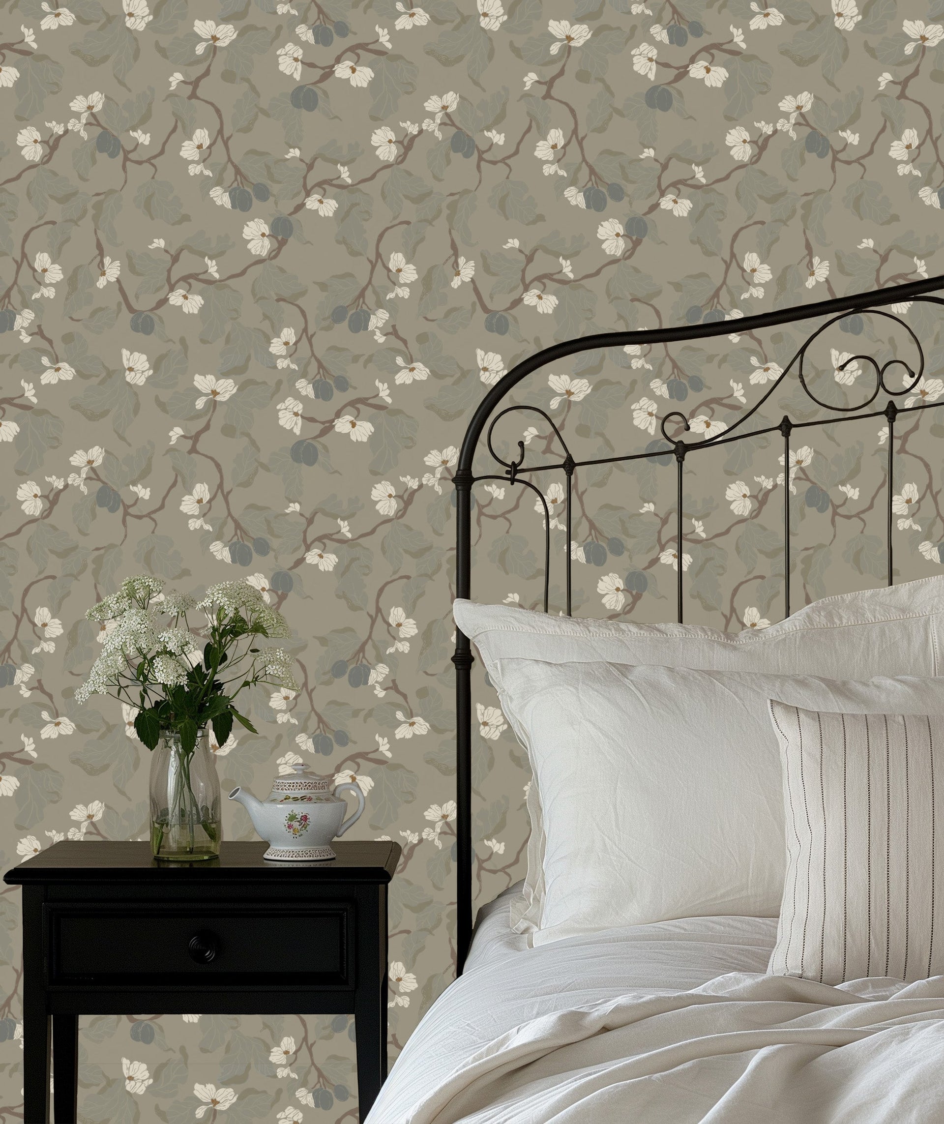 Rhodes Floral Wallpaper, Sage-Green and Brown Traditional Cottagecore