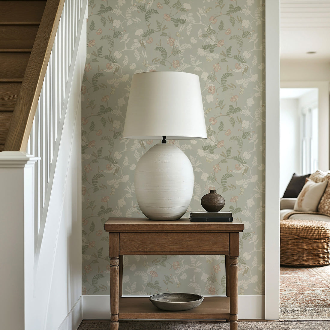 Finlay wallpaper print by Grateful Artsy Soul featured on a clean interior accent wall