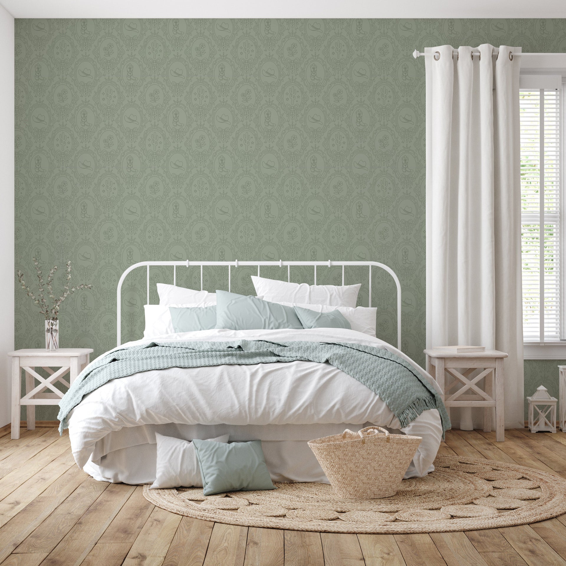 Laramie Wallpaper in Pink, Blue and Sage-Green Western-Whimsy