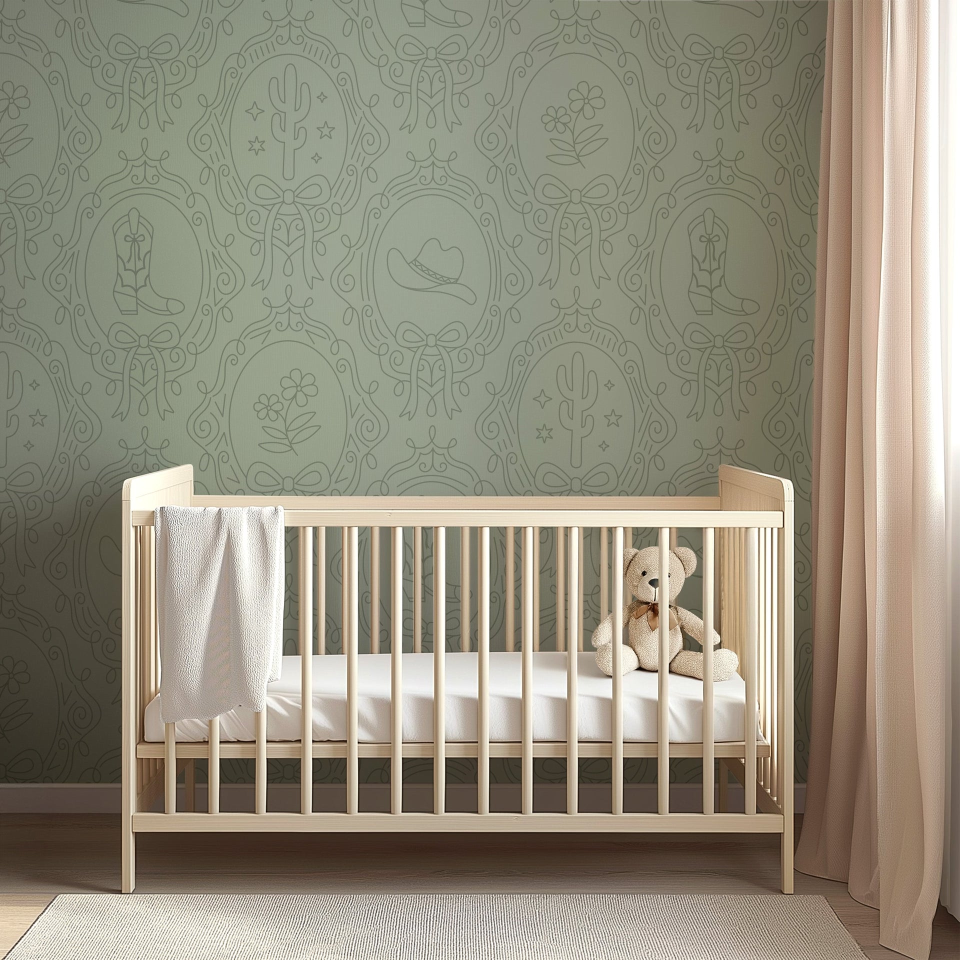 Laramie Wallpaper in Pink, Blue and Sage-Green Western-Whimsy