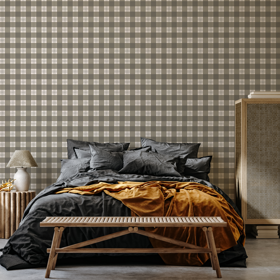 Declan plaid wallpaper featuring a modern charcoal and off-white geometric pattern