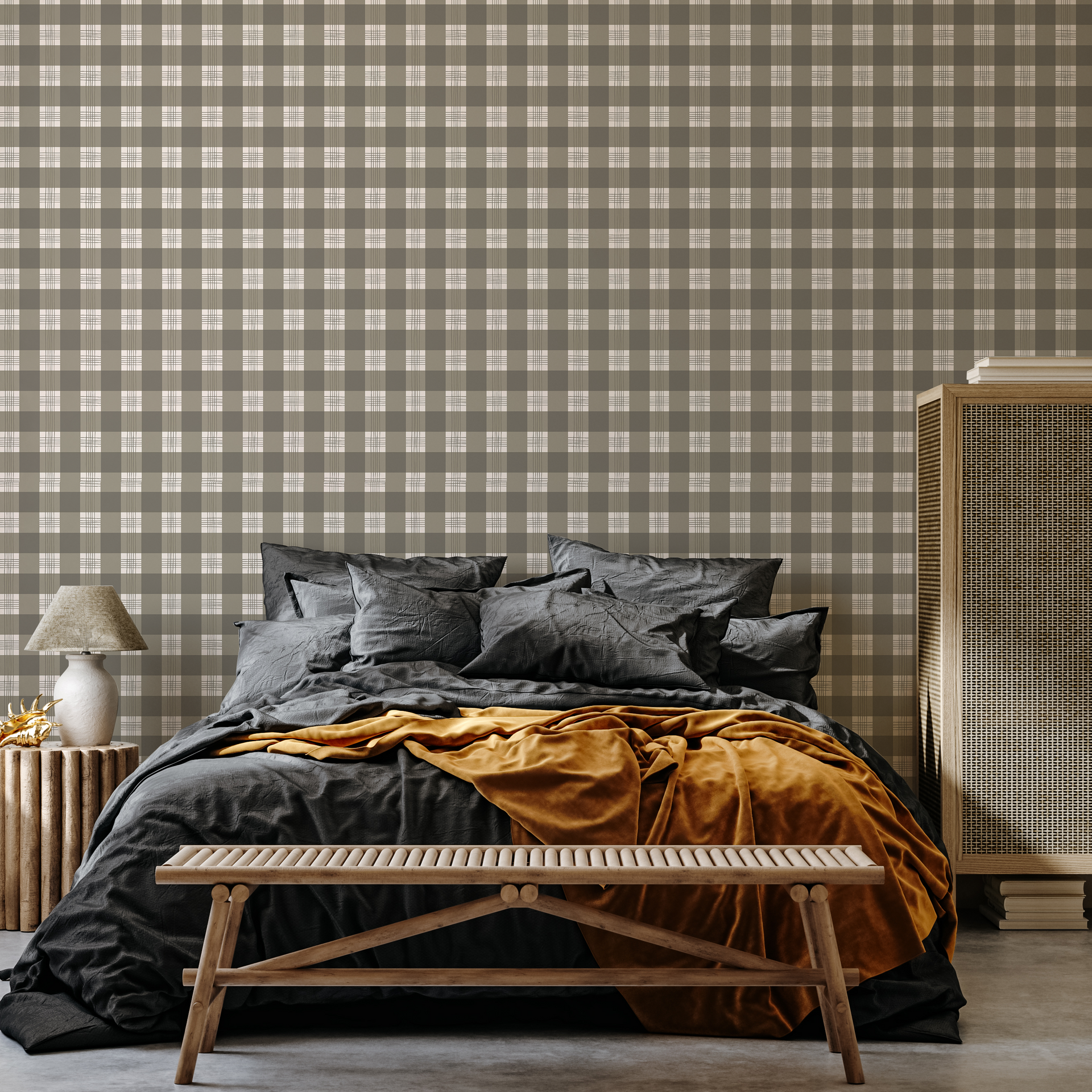 Declan plaid wallpaper featuring a modern charcoal and off-white geometric pattern