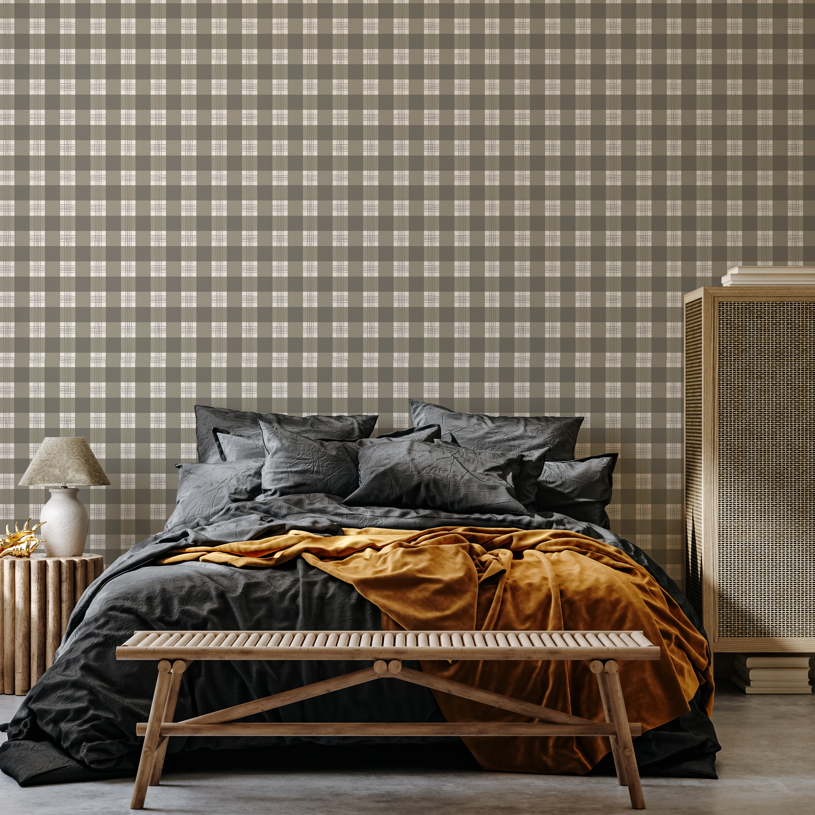 Declan plaid wallpaper featuring a modern charcoal and off-white geometric pattern