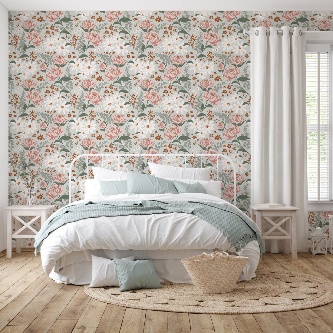 Aurelia Floral Removable Wallpaper in Pink, Beige, Brown, and Sage-Green