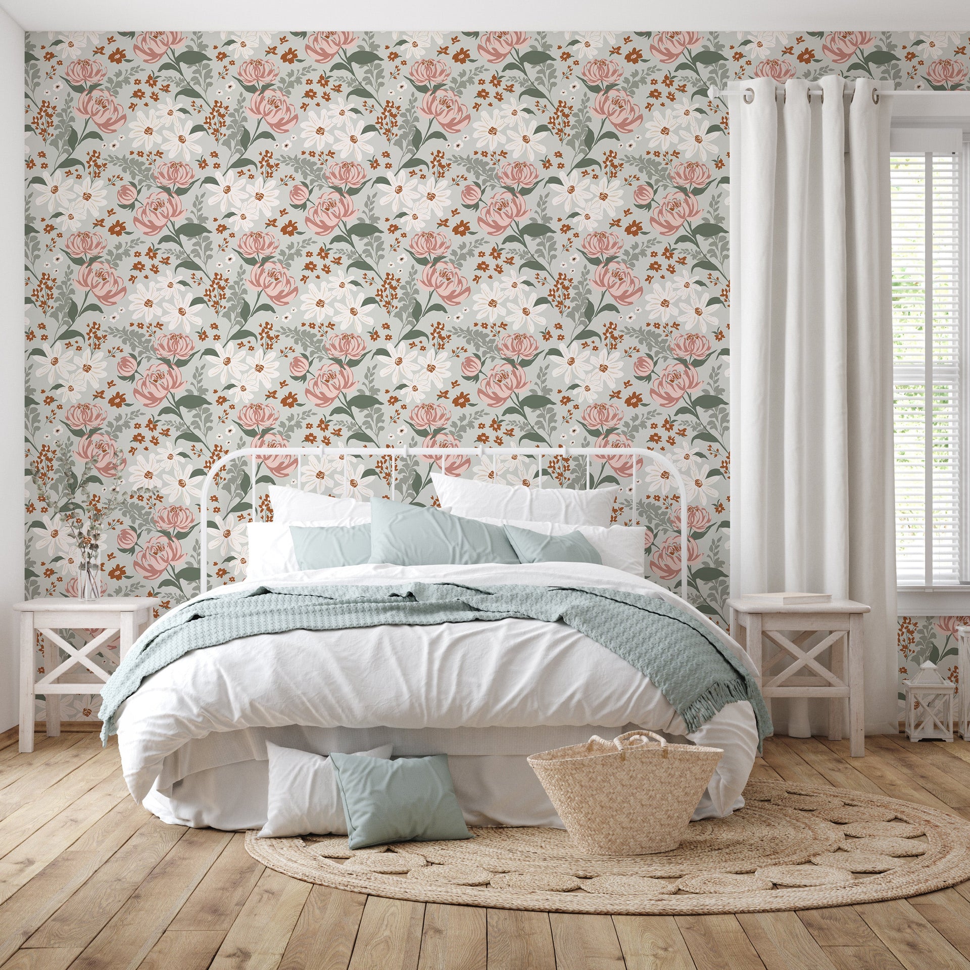 Aurelia Floral Removable Wallpaper in Pink, Beige, Brown, and Sage-Green