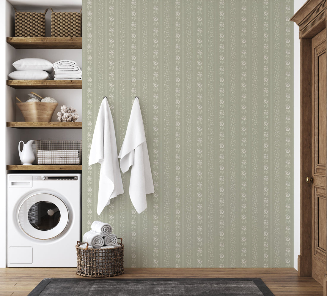 Elaine Striped Wallpaper in Dusty Blue and Cream Cottagecore