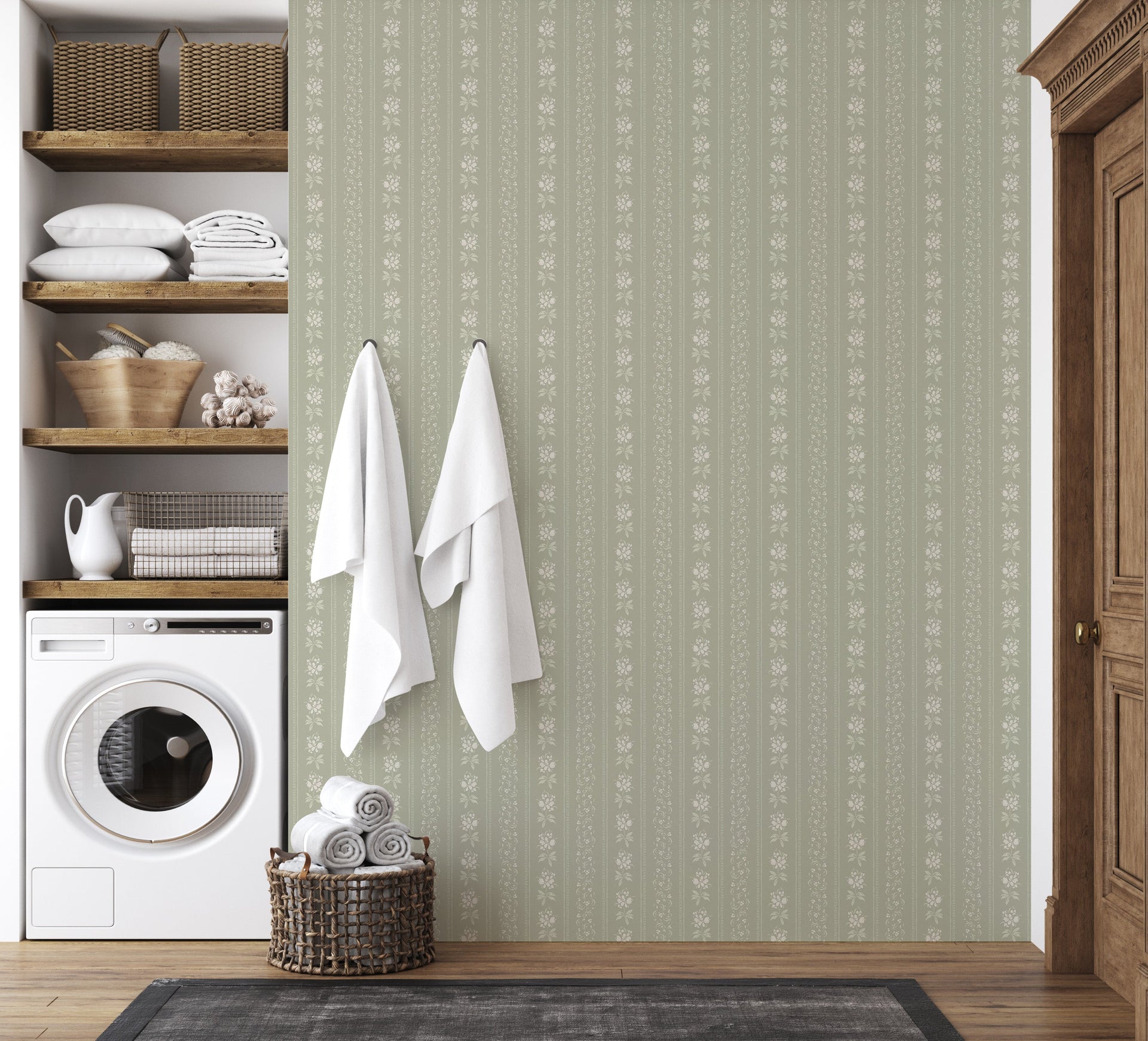 Elaine Striped Wallpaper in Dusty Blue and Cream Cottagecore