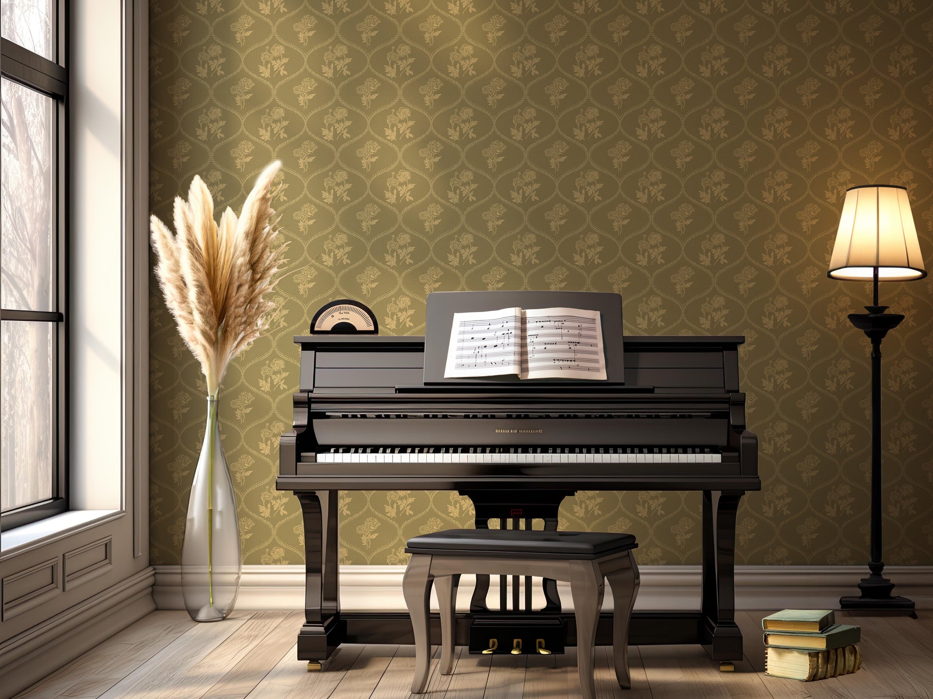 Avenly Vintage Floral Wallpaper, Sage-Green and Terracotta