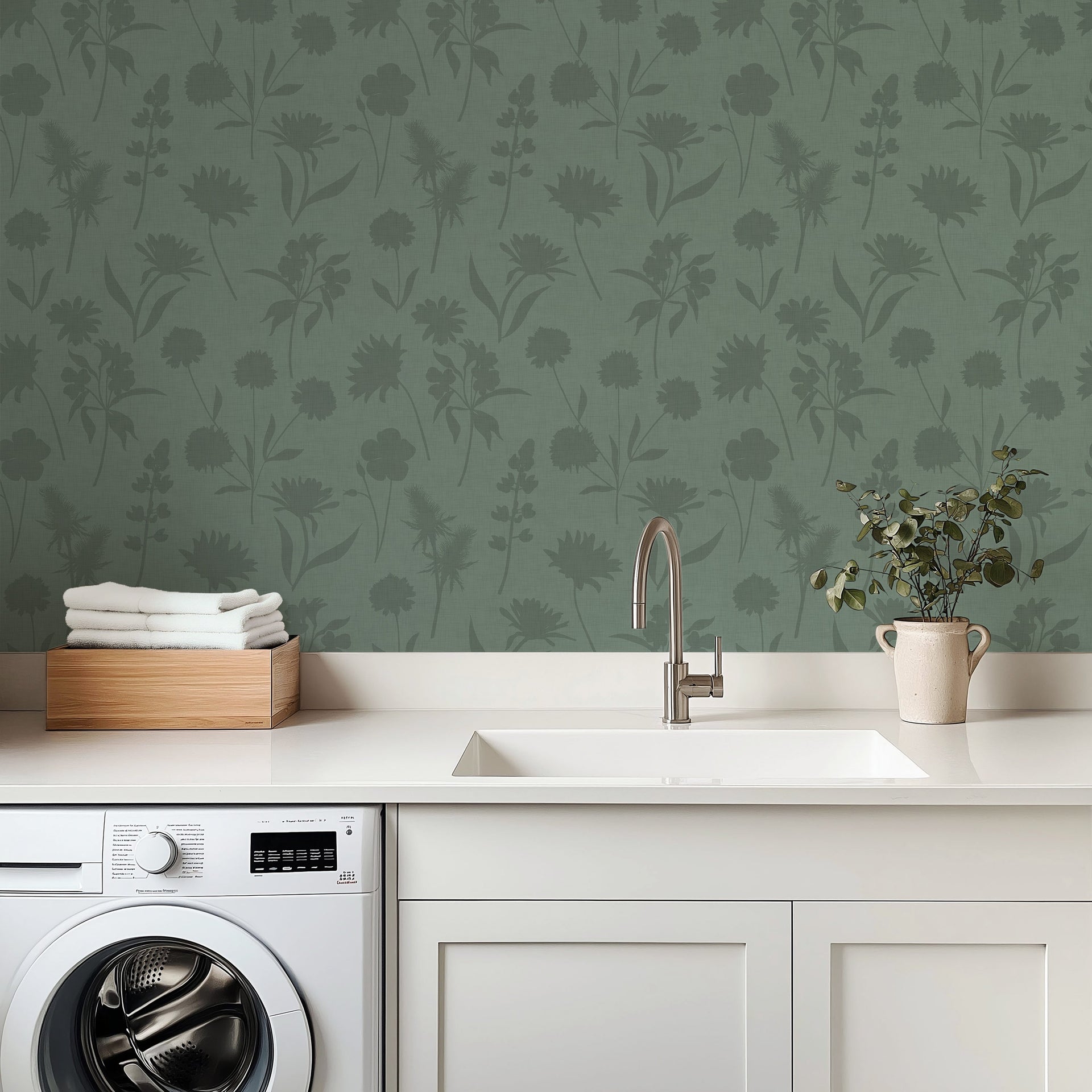 Gwyneth botanical floral wallpaper with green, beige, and blue-grey hues.