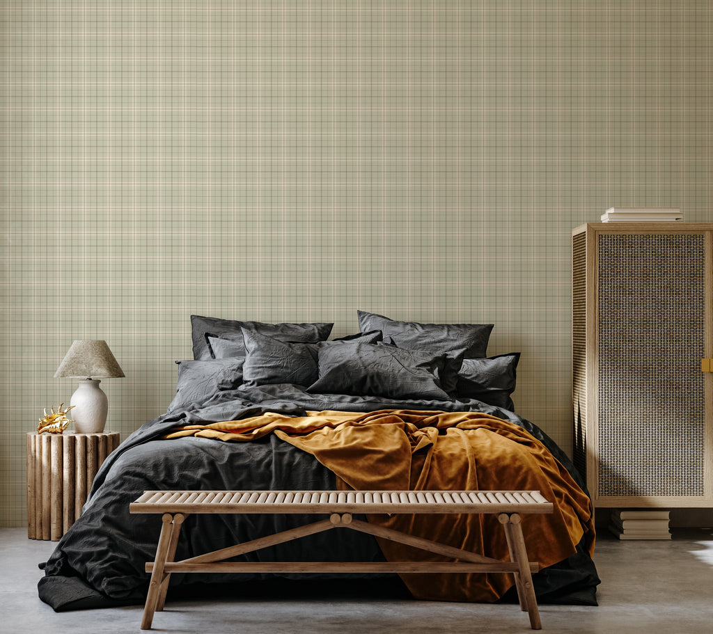 Alcott Plaid Wallpaper in Olive Green and Cream Farmhouse