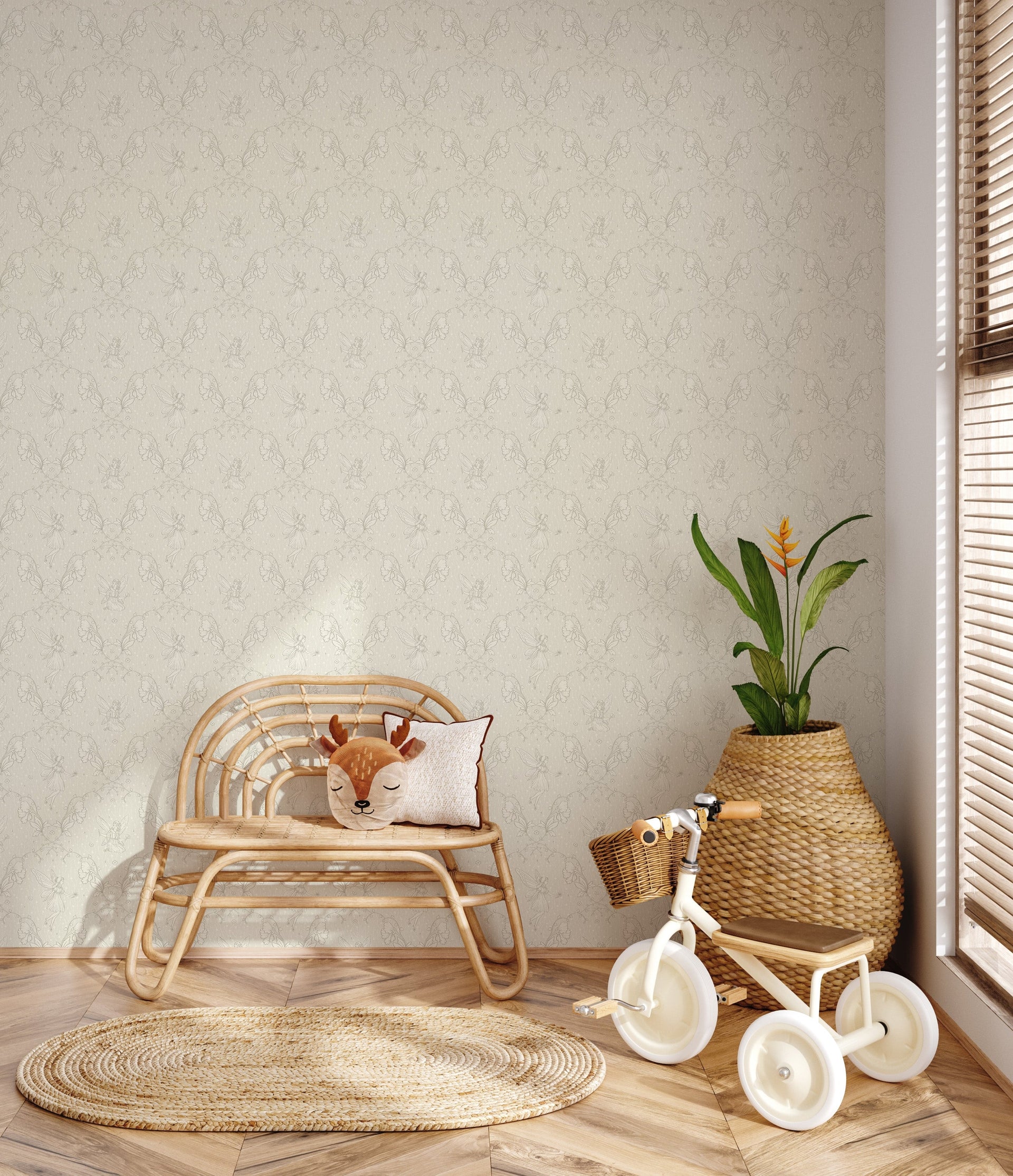 Petra Whimsical Wallpaper in Beige, Blue, Grey and Dusty-Rose