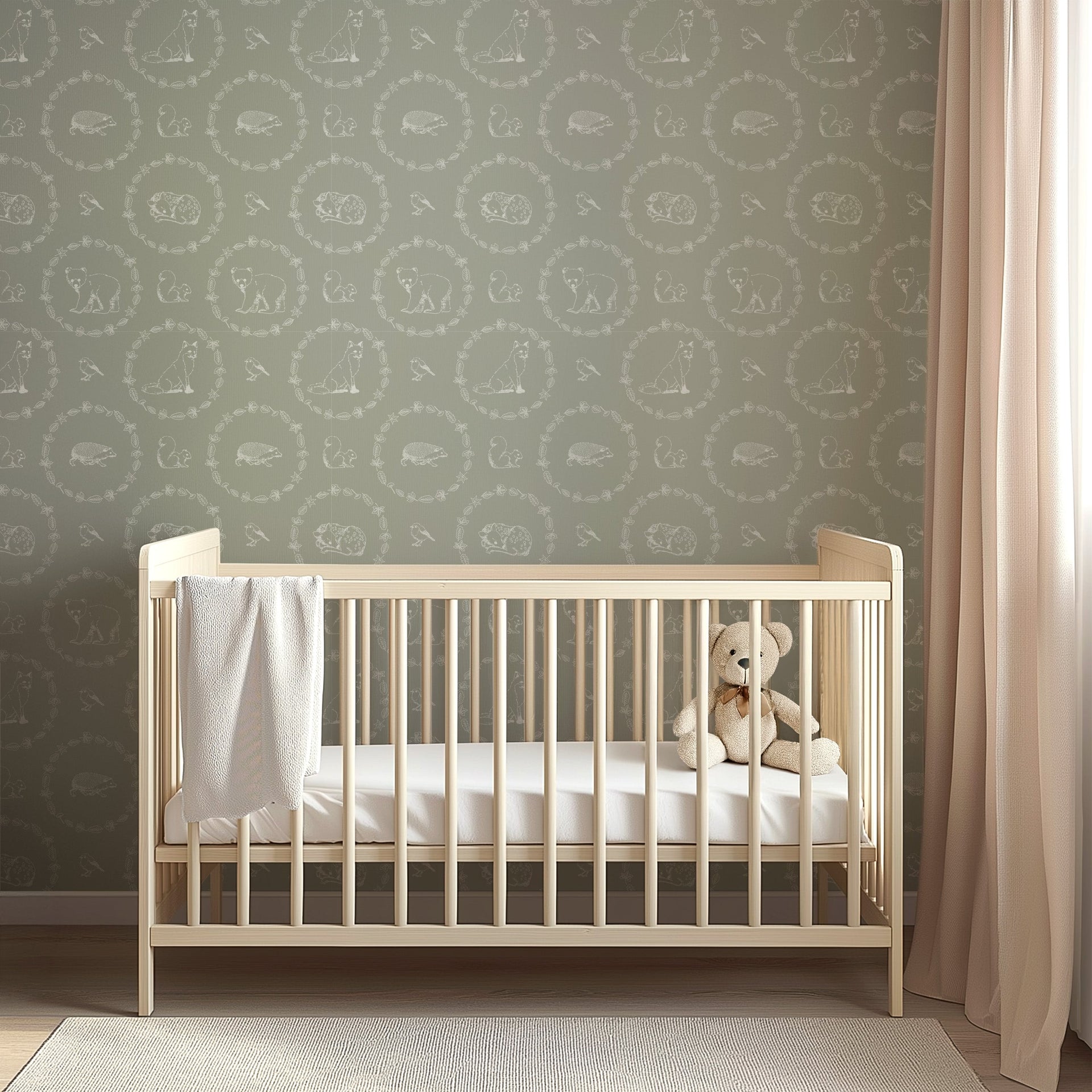 Covey woodland-themed wallpaper in sage green and cream for nursery wall decor.