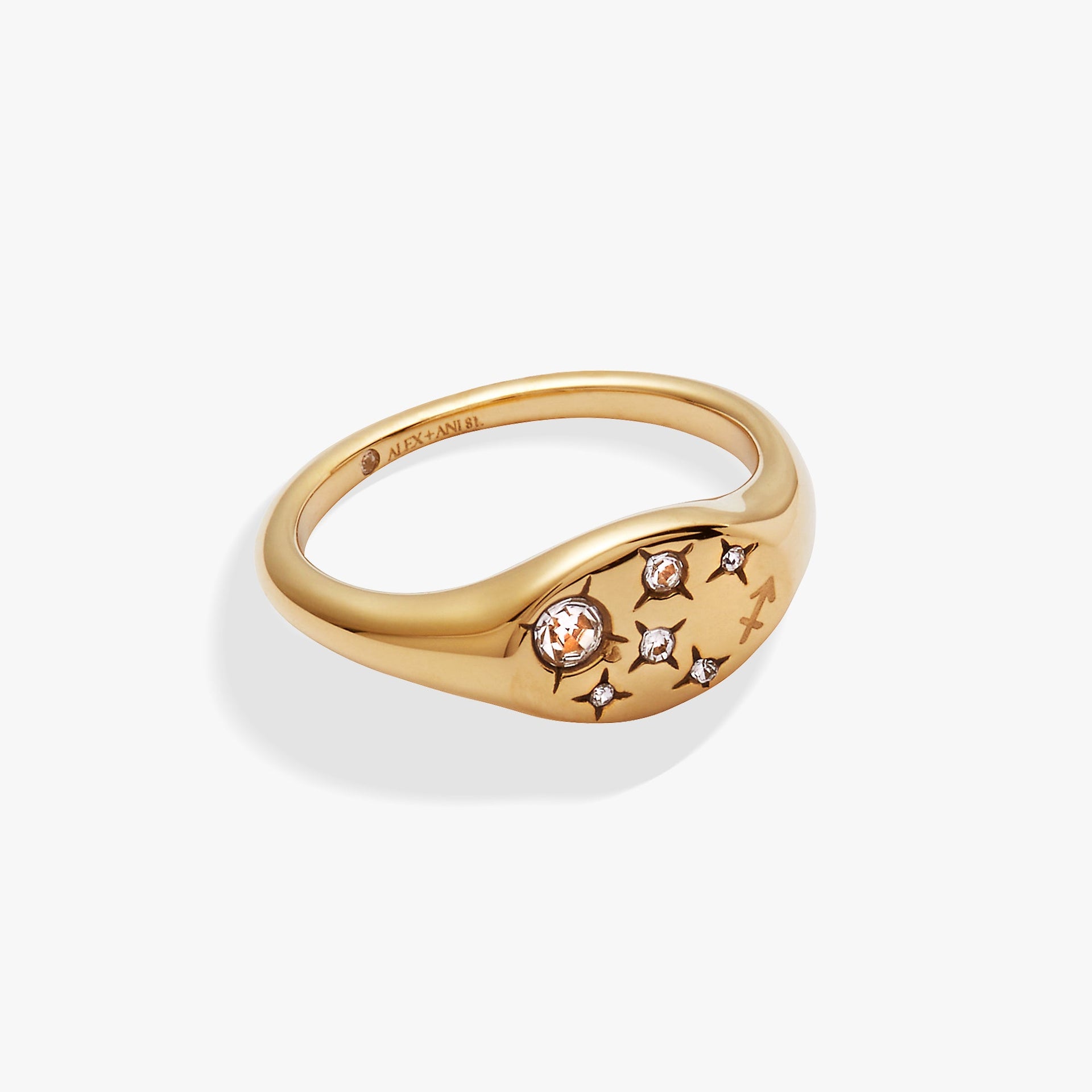 Modern Sagittarius zodiac signet ring in gold-plated finish with round flush-set clear crystals on a white background.