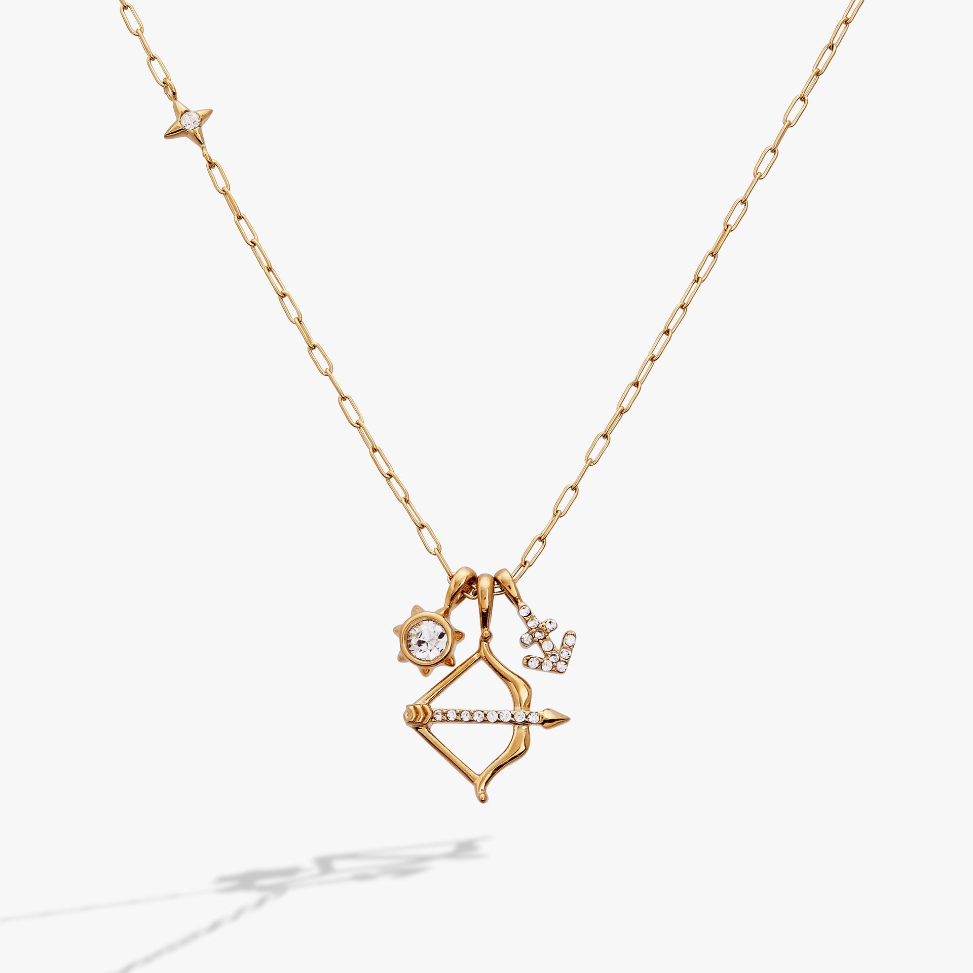 Gold-plated Sagittarius zodiac charm cluster necklace with clear crystals
