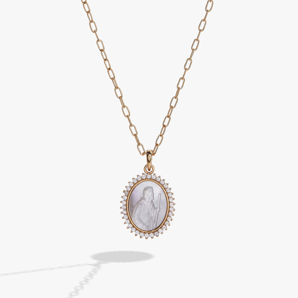 Divine Guides St. Christopher pendant necklace with Mother of Pearl and crystals in gold and silver tones