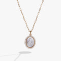 Divine Guides St. Christopher pendant necklace with Mother of Pearl and crystals in gold and silver tones