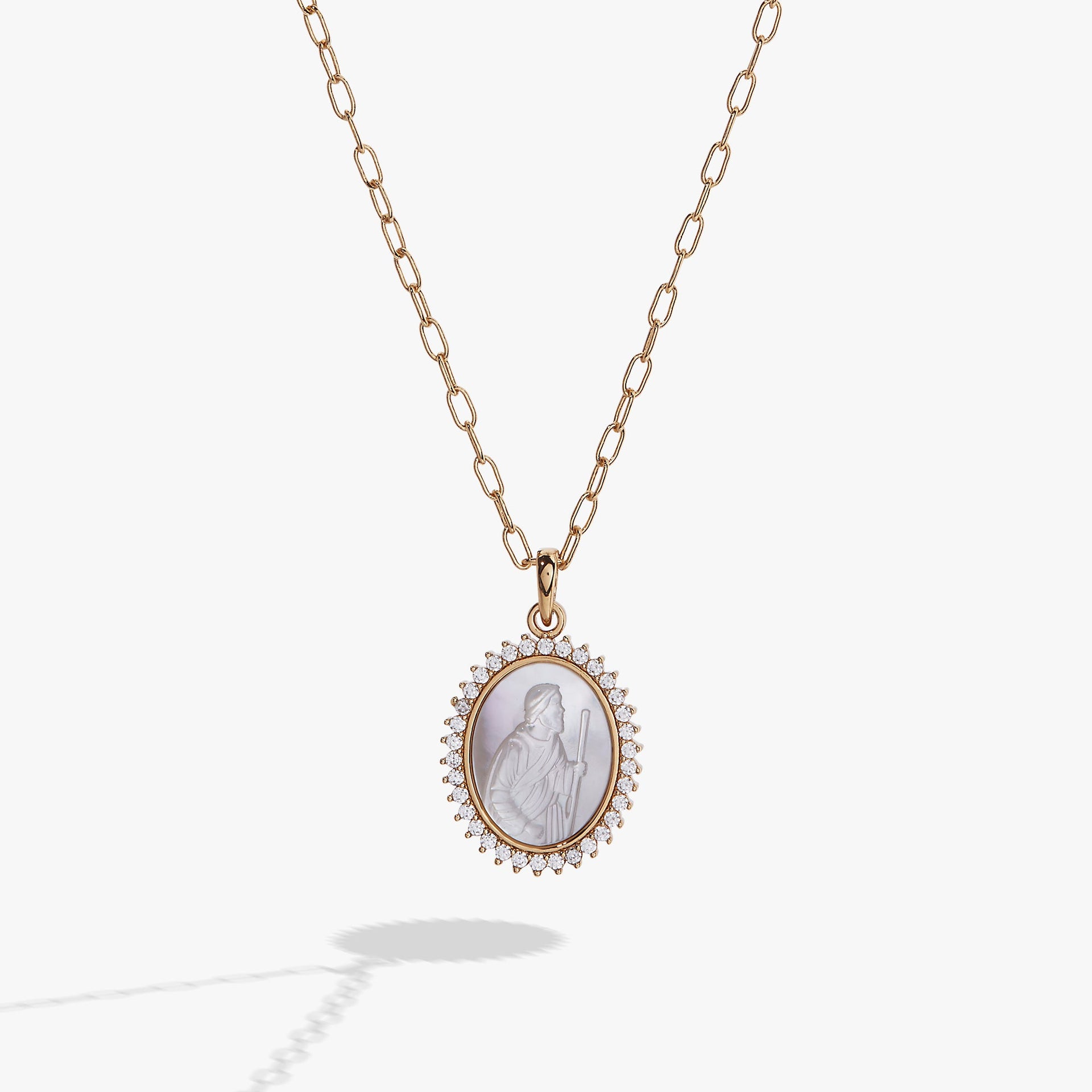 Divine Guides St. Christopher pendant necklace with Mother of Pearl and crystals in gold and silver tones