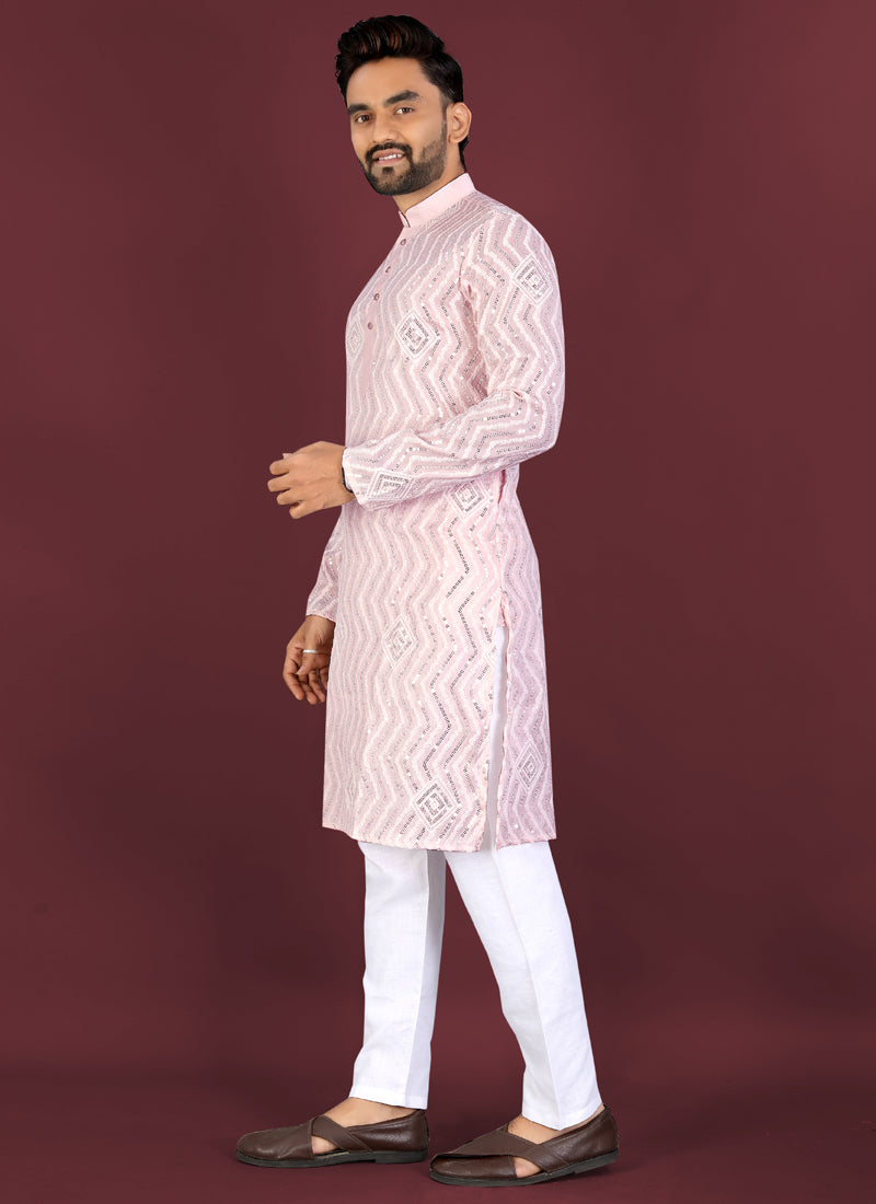 Baby Pink Silk Kurta with Cross Pattern Embroidery & Silver Sequence